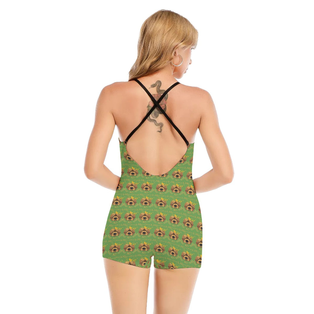 Rossolini1 Grass Green Women's Backless Romper With Black Straps